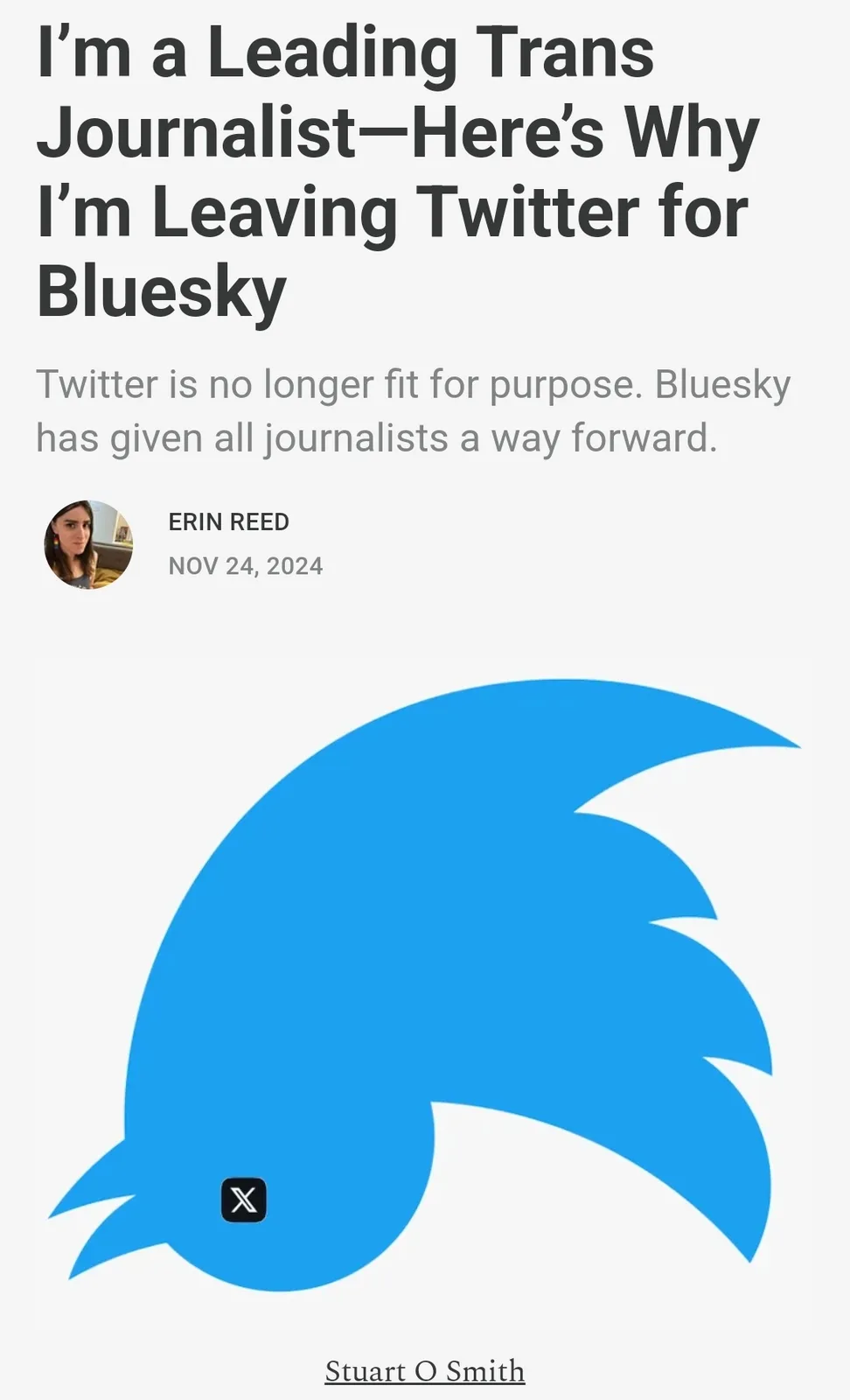 An article headline reads 'I'm a Leading Trans Journalist—Here's Why I'm Leaving Twitter for Bluesky,' with a subheading…
