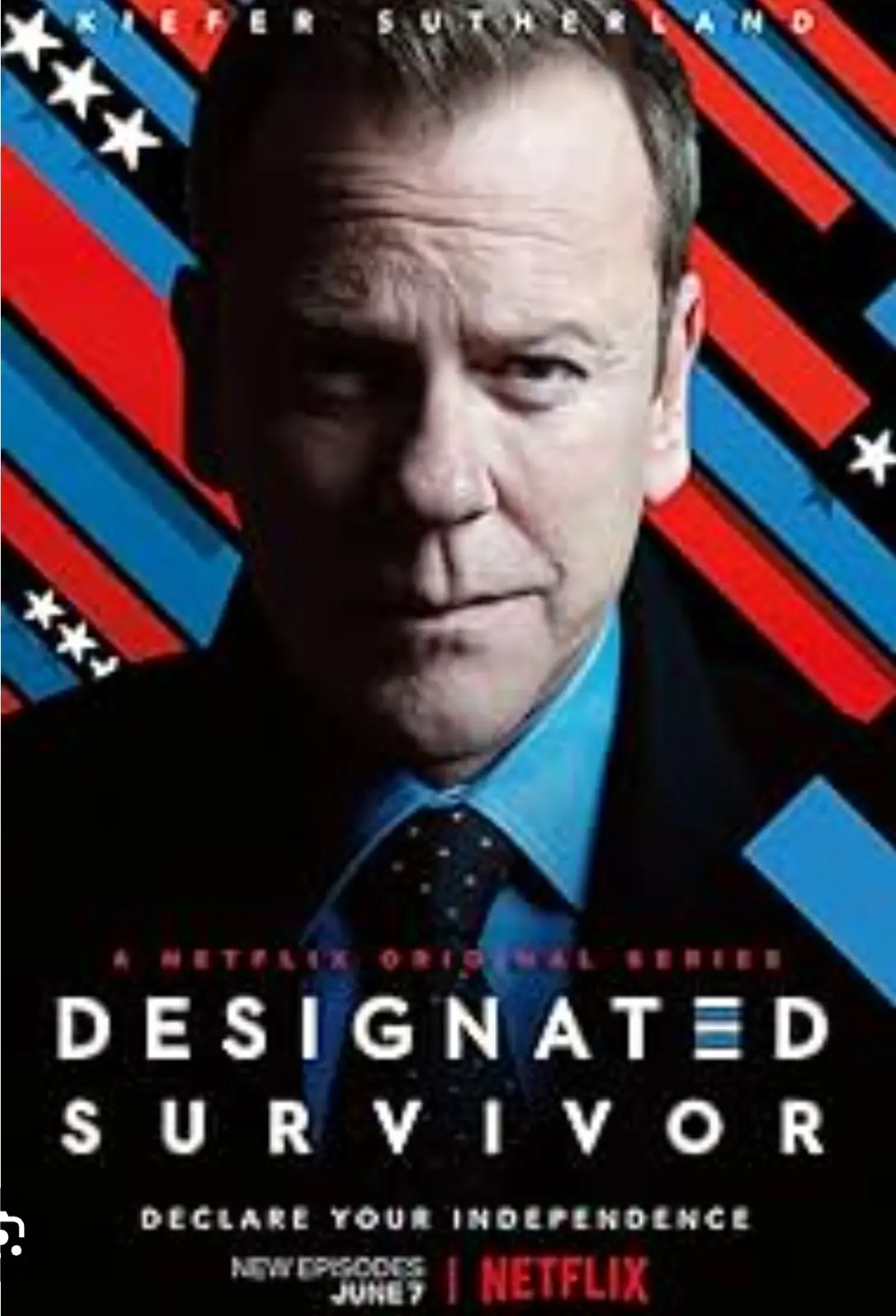 This is a promotional poster for the Netflix series 'Designated Survivor,' featuring actor Kiefer Sutherland in a suit and…