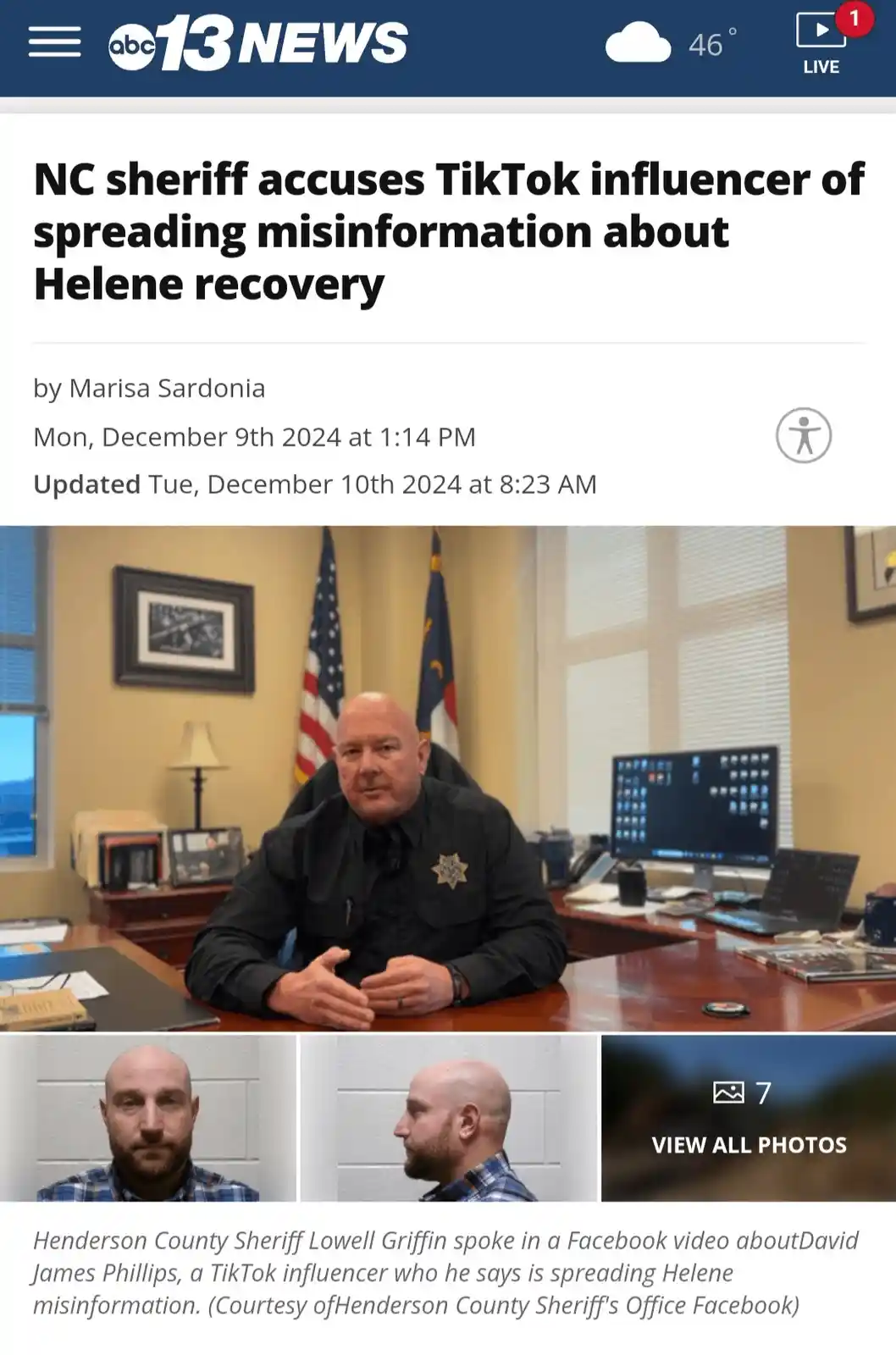 A screenshot of an abc13news article shows a bald sheriff in uniform sitting at a desk with flags behind him. Below, two…