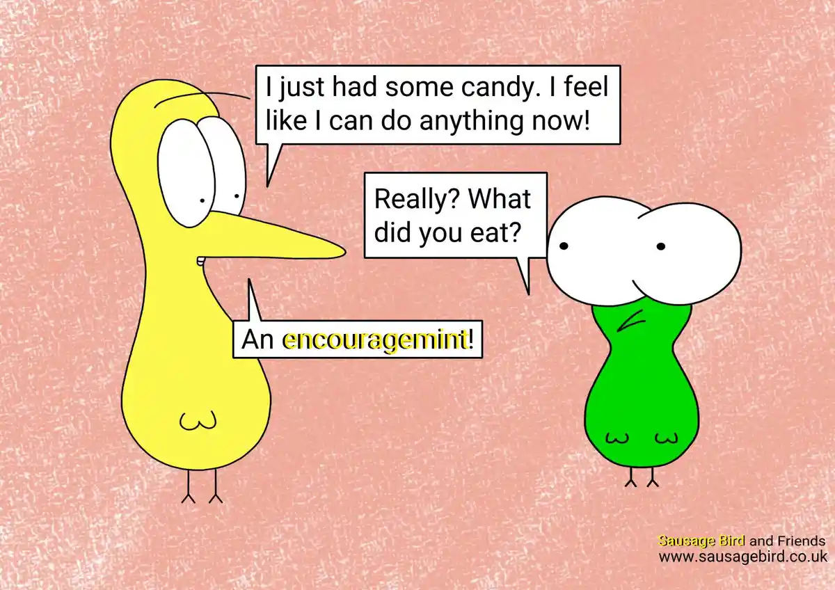 Two cartoon birds, one yellow and one green, are having a conversation. The yellow bird claims to feel invincible after…