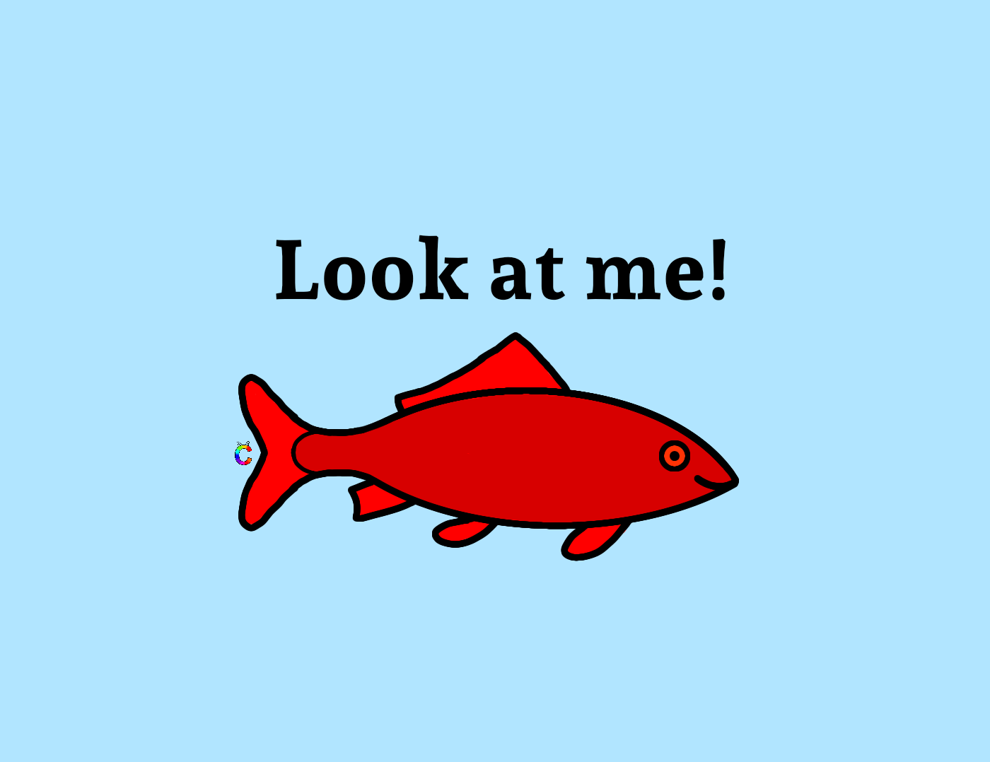 A simple cartoon drawing of a red fish with black outlines swims against a light blue background. The fish has a small…