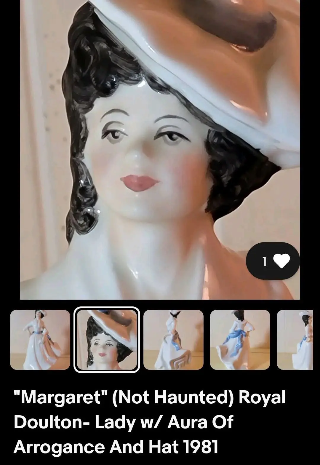 A close-up photo of a Royal Doulton porcelain figurine named 'Margaret' from 1981, showing a lady with dark curly hair and a…