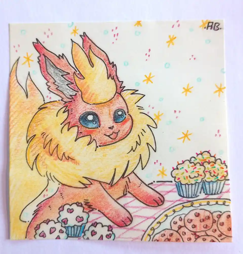 A colorful drawing of a fluffy, flame-haired Pokémon-like creature with blue eyes, sitting happily among cupcakes and…