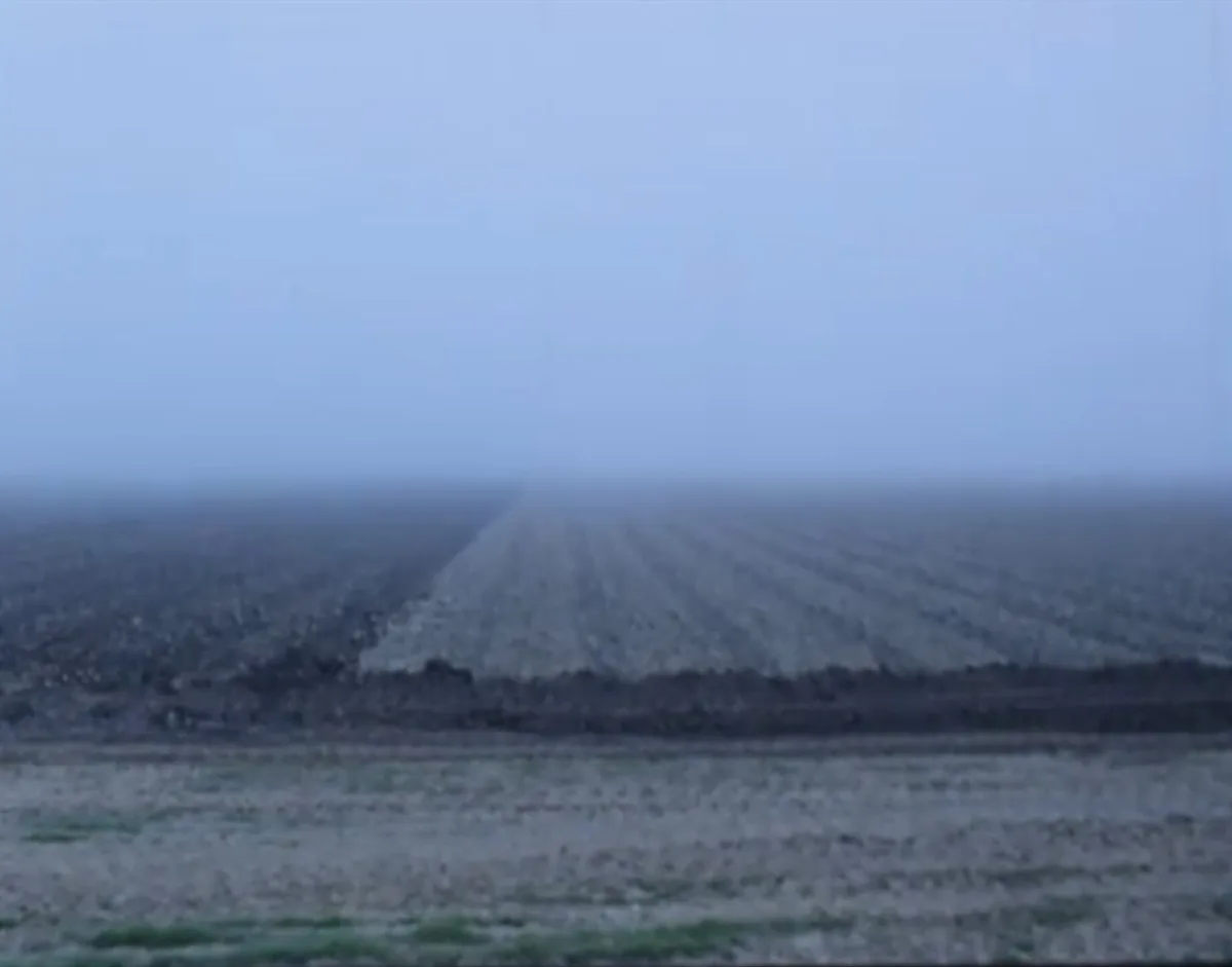 A foggy, desolate field with rows of plowed earth stretching into the mist, overlaid with the text 'i'm not crying, you're…