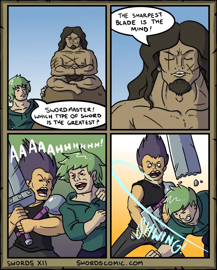 A four-panel comic strip from 'Swords X11' shows a green-haired character asking a statue of a sword master which sword type…