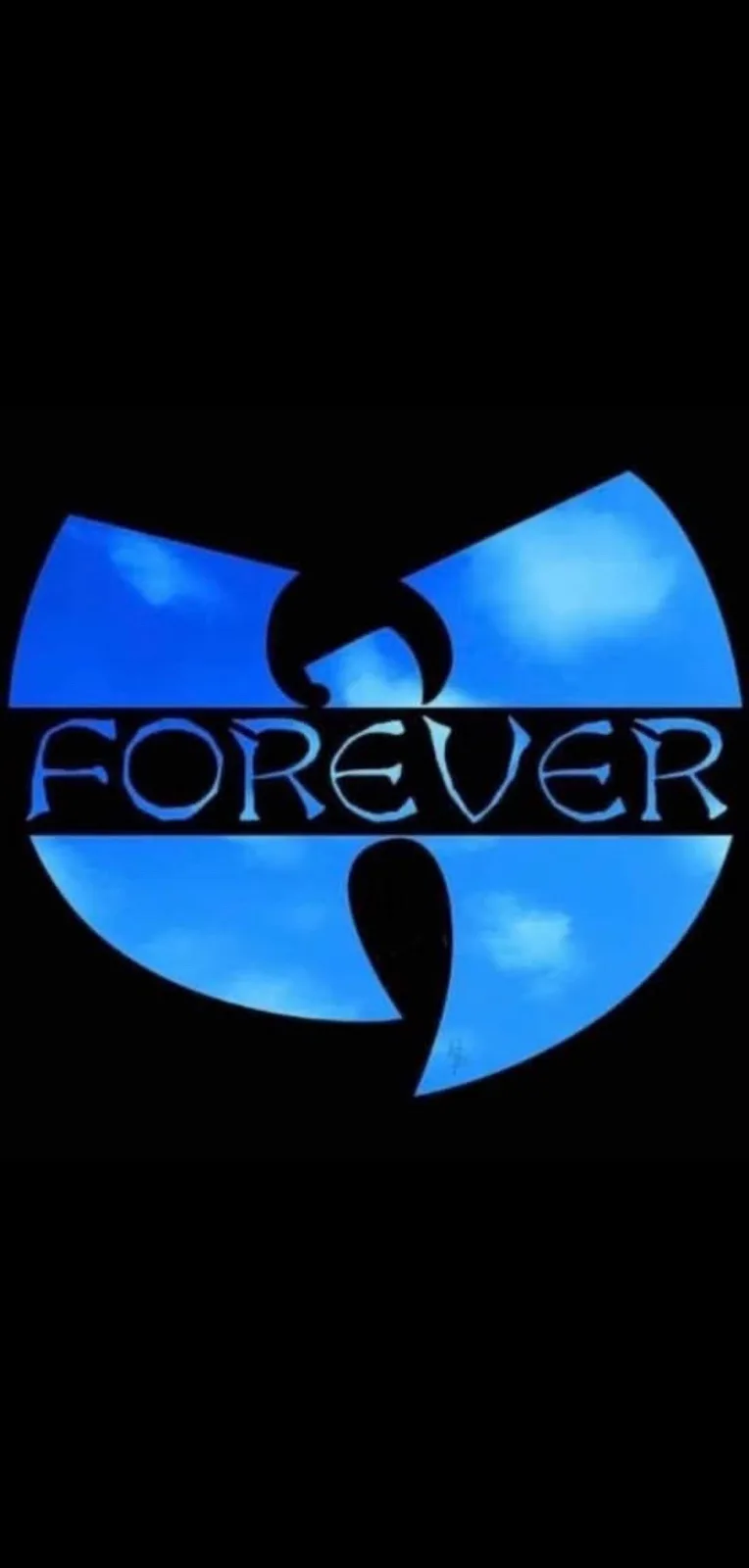 The image displays the iconic Wu-Tang Clan logo, a black circular emblem with a stylized 'W' shape, set against a blue sky…