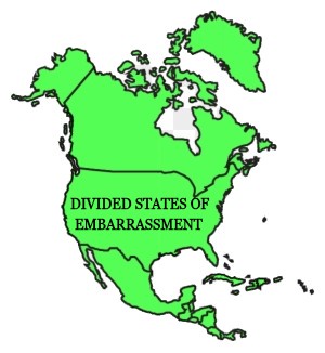A green map of North America with the text 'DIVIDED STATES OF EMBARRASSMENT' overlaid across the central United States…