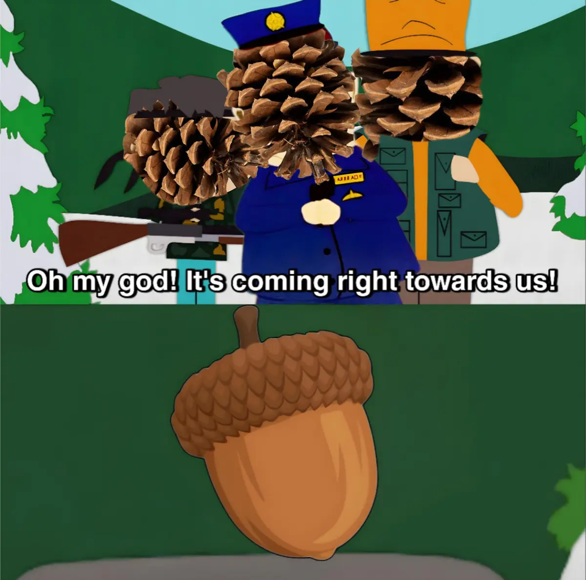Three cartoon characters with pinecones for heads stand in a snowy forest, one holding a rifle, reacting with panic as text…
