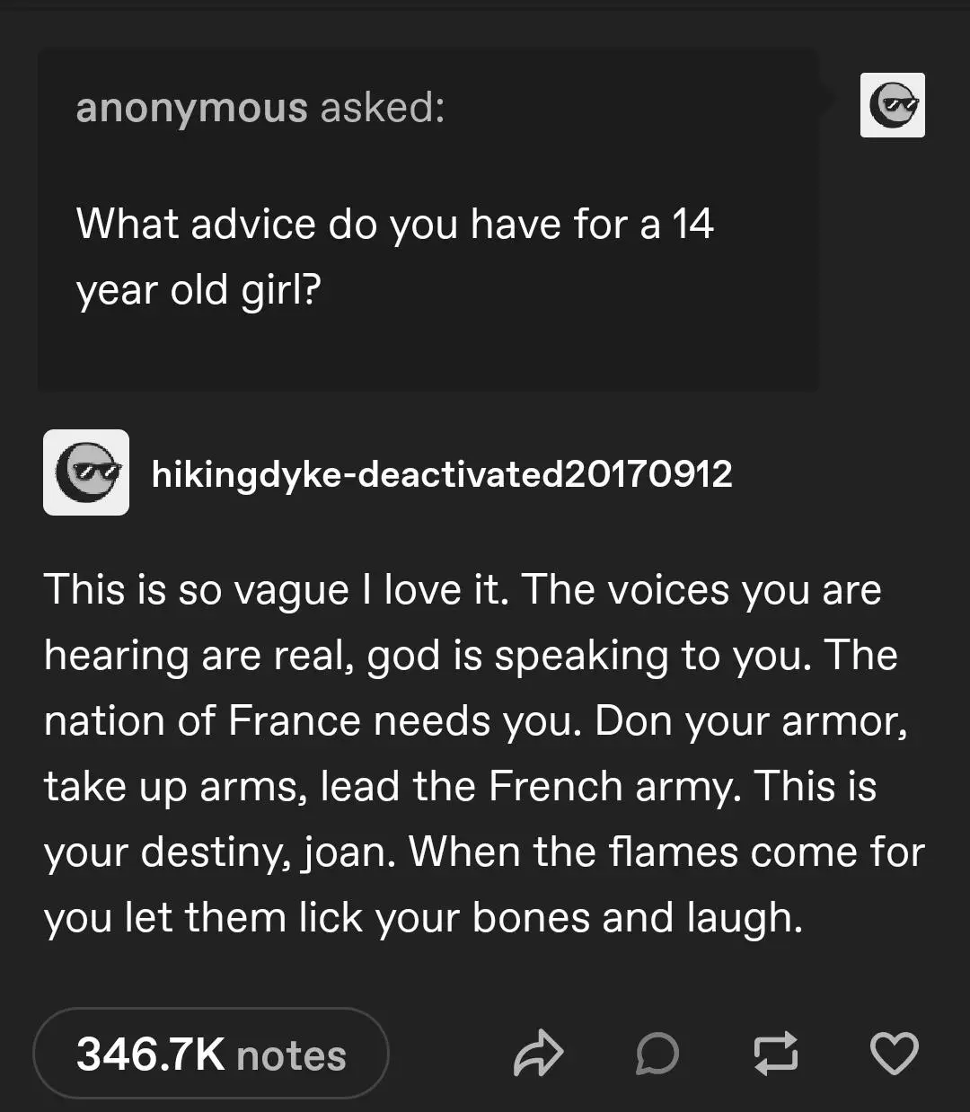 A screenshot of a Tumblr post showing an anonymous user asking for advice for a 14-year-old girl. The reply from user…