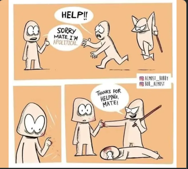 A four-panel comic strip shows a character yelling 'HELP!!' while another character runs past saying 'SORRY MATE, I'M…