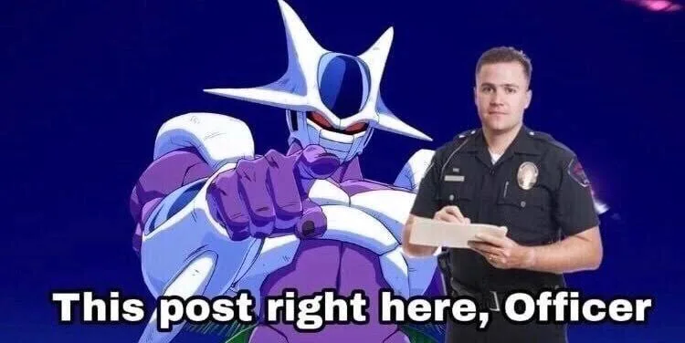 An image features a police officer holding a notepad, standing next to an anime character resembling a villain from Dragon…