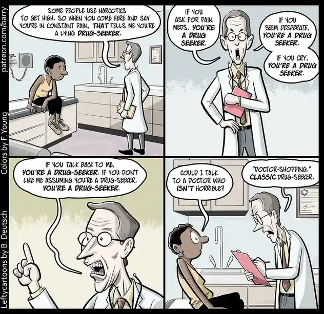 A four-panel comic strip depicts a patient sitting on a medical exam table while a doctor, in a white coat, delivers…