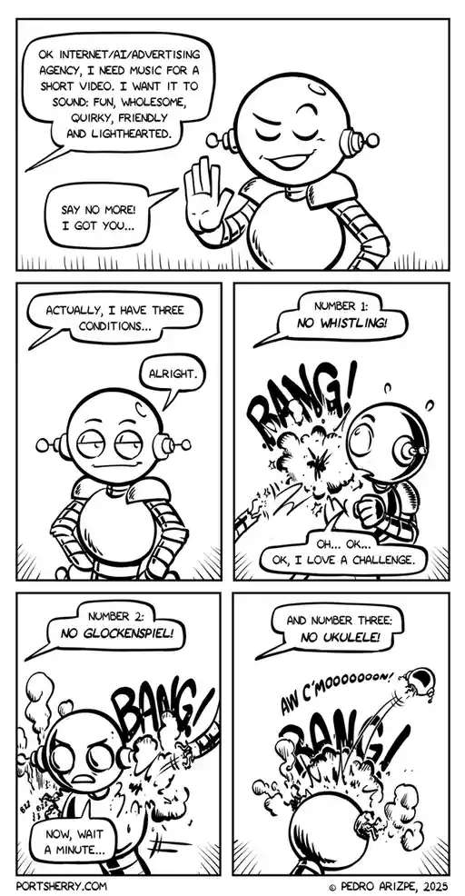 A black-and-white comic strip shows a cheerful robot character enthusiastically agreeing to create music for a video, only…