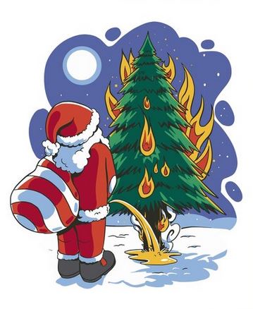 a cartoon illustration shows santa claus in his red suit and hat, standing beside a green christmas tree that is on fire…