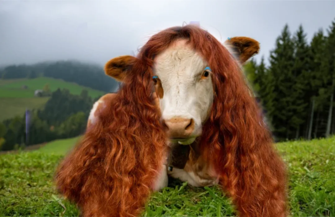 a cow with long, reddish-brown, wavy hair covering its face and body lies in a grassy field with a misty mountainous…