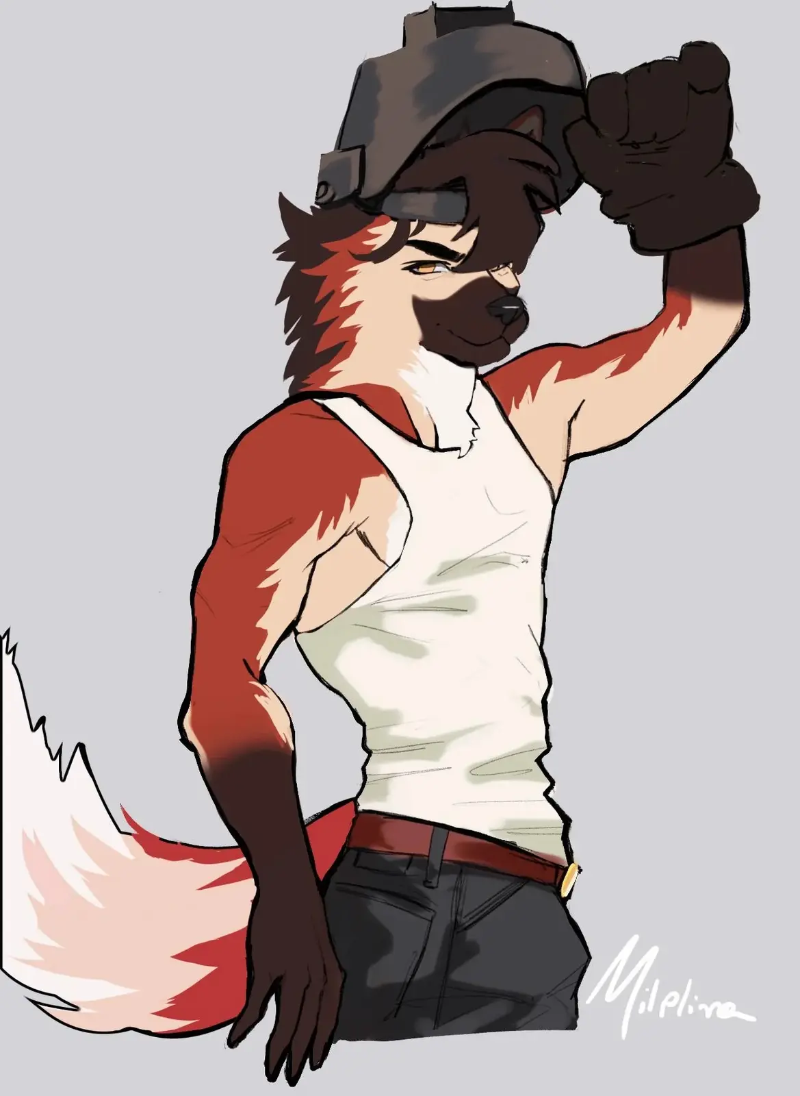 An anthropomorphic red fox with dark brown fur and a white-tipped tail is shown in a confident pose, flexing his right arm…