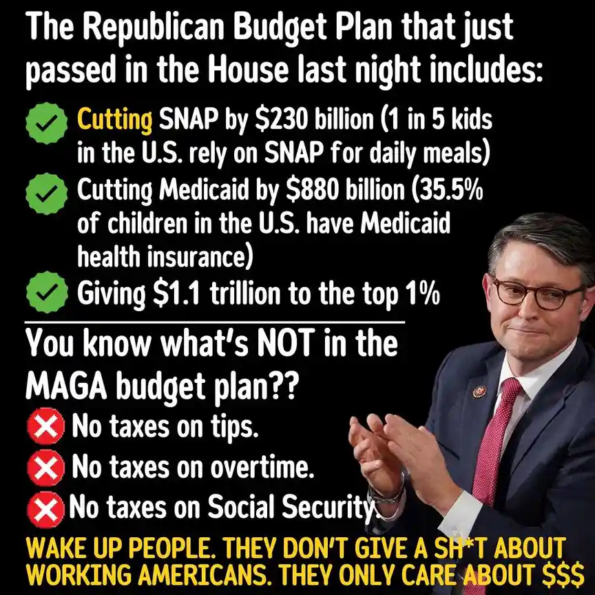 A black-background image features a man in a suit and glasses clapping on the right side. Overlaid text lists 'Republican…