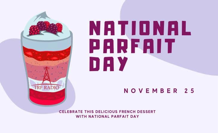 An illustrated parfait in a glass with red and pink layers, topped with whipped cream and raspberries, has a sticker with a…