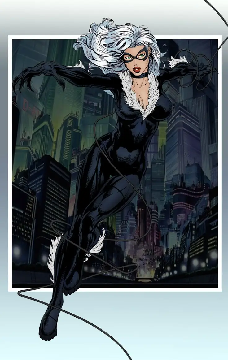 A comic book illustration of the superheroine Black Cat, depicted mid-leap over a cityscape at night, wearing her signature…