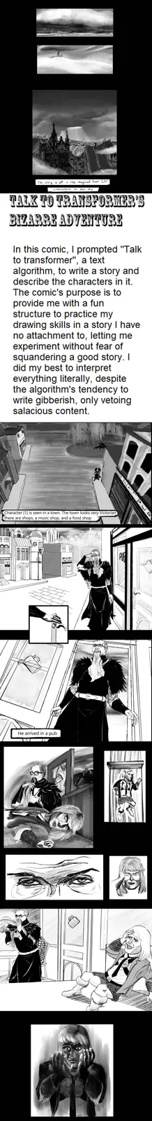 A black-and-white comic strip titled 'Talk to Transformer's Bizarre Adventure' shows a character arriving in a…