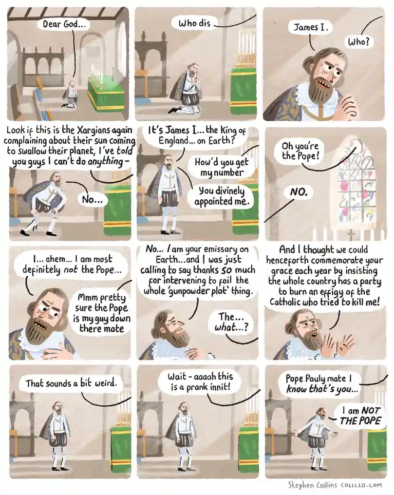A comic strip depicts a man in historical royal attire kneeling in a church and calling out to God, who responds by sending…