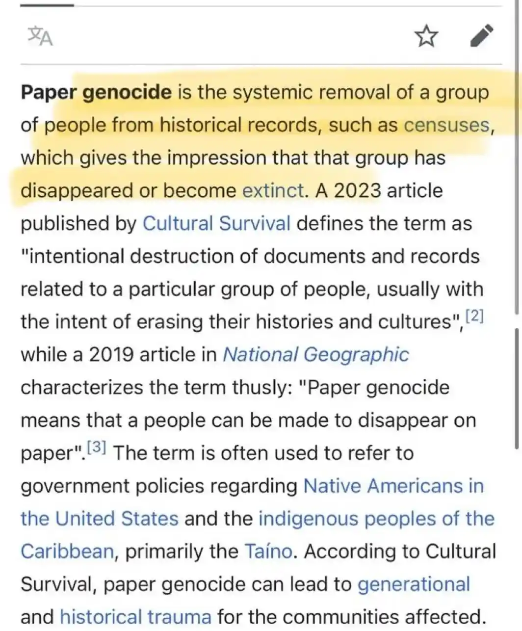 A screenshot of a Wikipedia-style article defining 'paper genocide' as the systemic removal of groups from historical…
