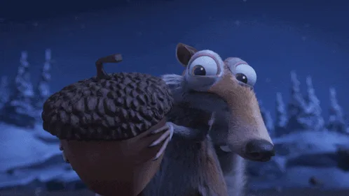 The image shows six panels of the animated character Scrat from 'Ice Age' holding an acorn. In the top row, he looks…