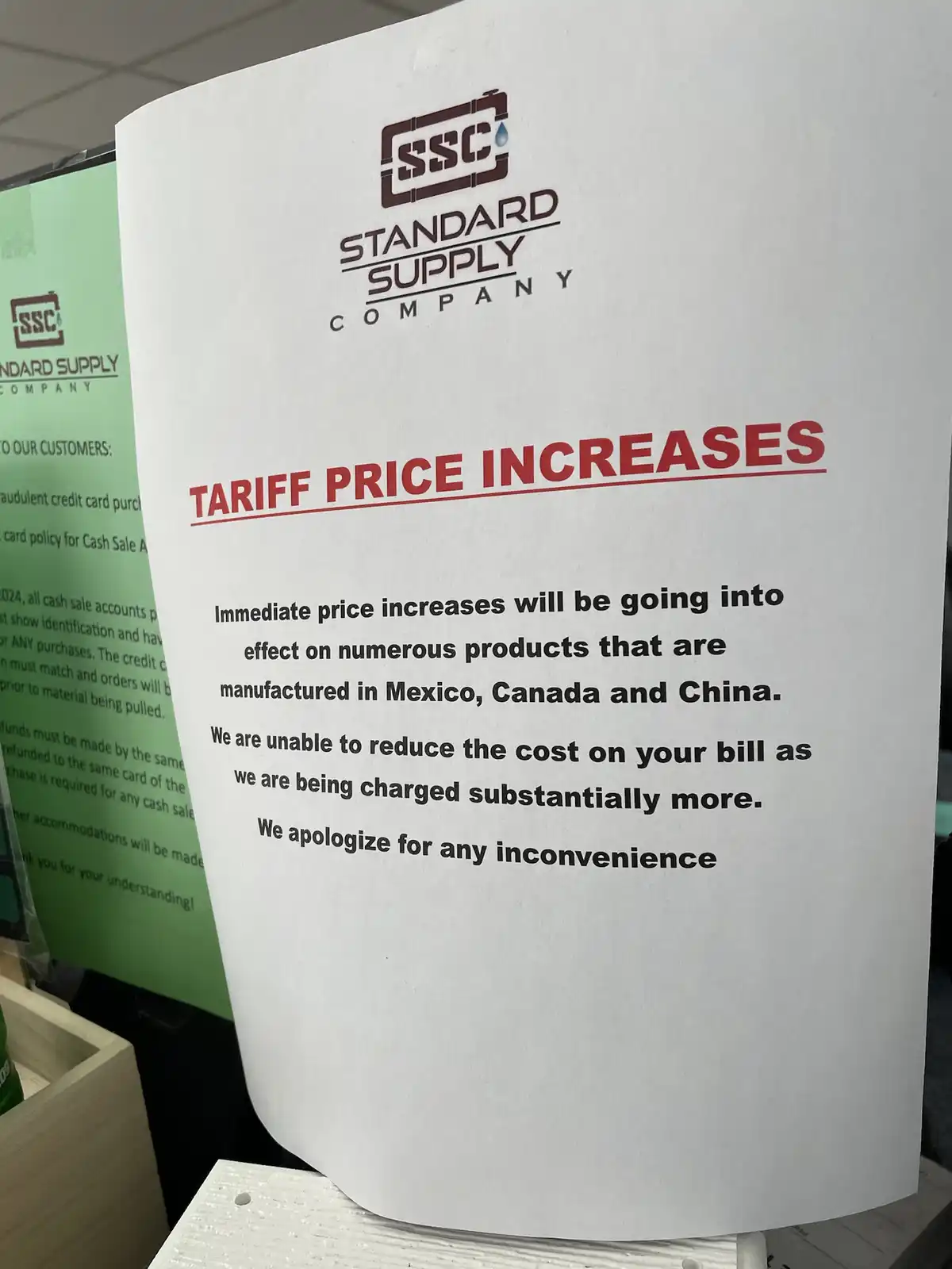 A white paper notice from 'Standard Supply Company' with a red header announcing 'TARIFF PRICE INCREASES'. The text explains…