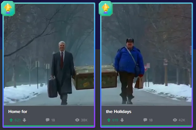 Two side-by-side images show a man walking down a snowy path carrying luggage. The left image features a well-dressed older…