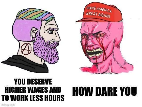 The image shows two cartoon-style men facing each other. The man on the left has a rainbow-striped haircut, a purple beard…