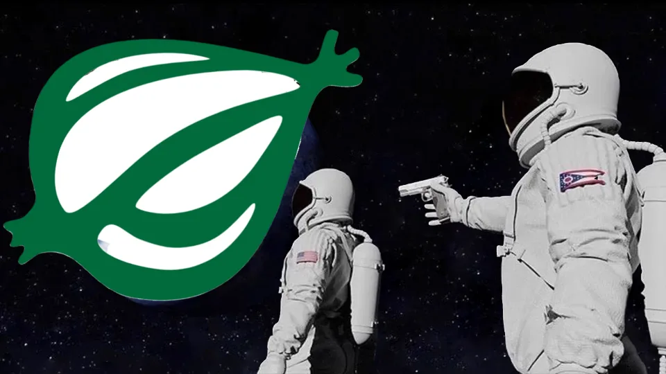 Two astronauts in space, one pointing a handgun at the other. A large green and white logo resembling a stylized leaf or…