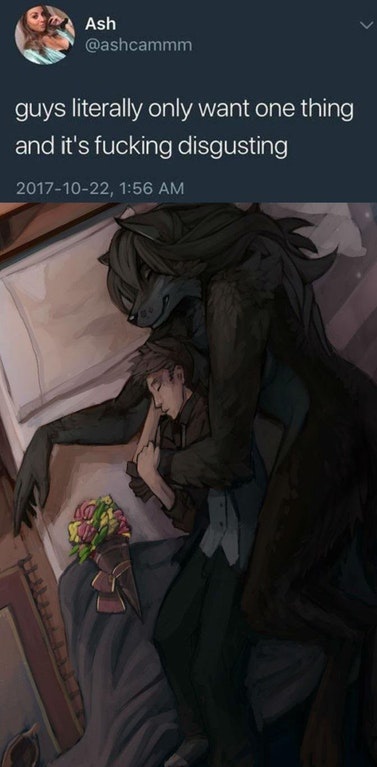 A darkly illustrated image shows a large, shadowy wolf-like creature looming over a sleeping human male on a bed. A bouquet…