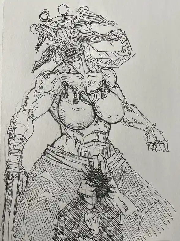 A black-and-white sketch depicts a monstrous, muscular humanoid figure with a grotesque, screaming face, multiple horns, and…
