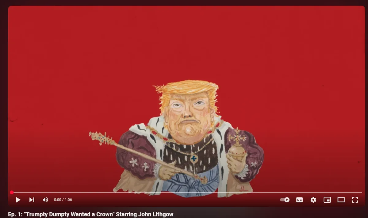A hand-drawn illustration depicts a caricature of Donald Trump dressed in medieval royal attire, holding a scepter and orb…