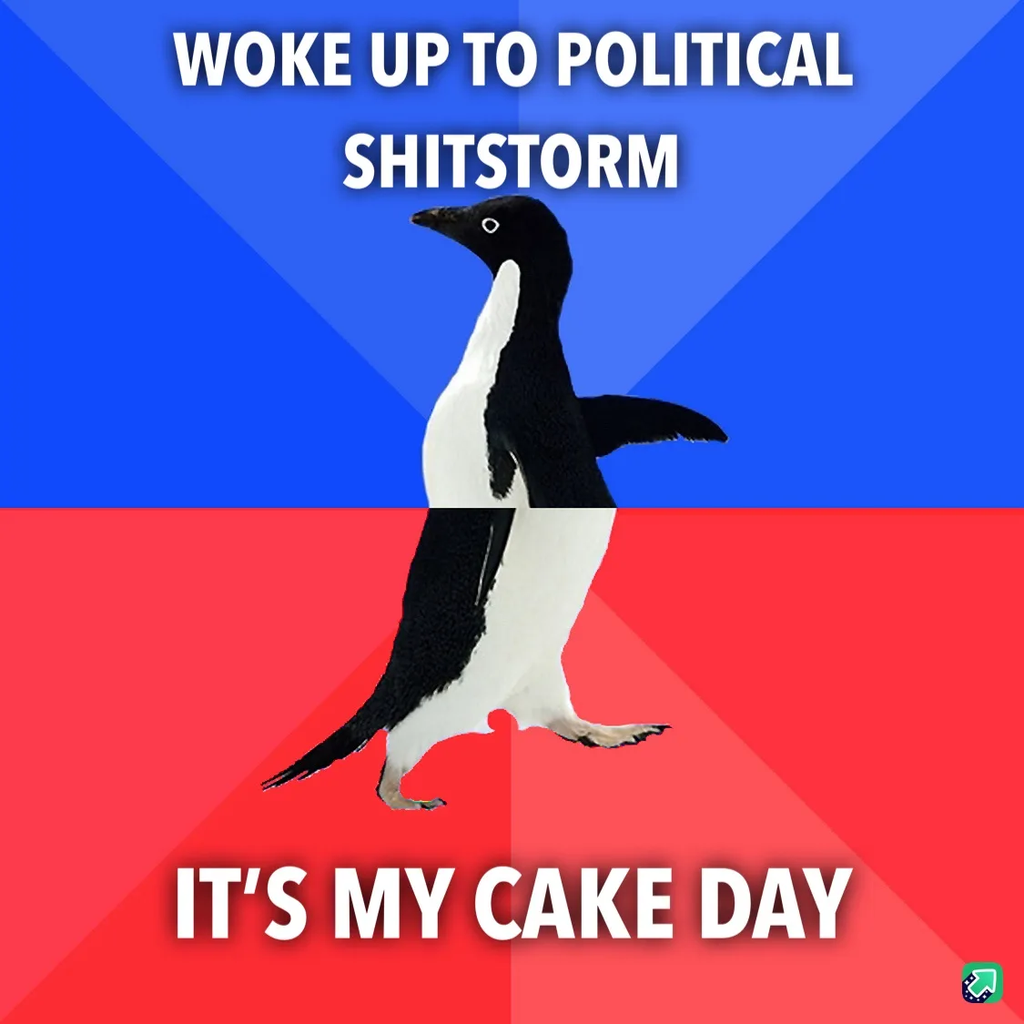 A black-and-white penguin stands centered against a split background of blue and red, with bold white text above reading…