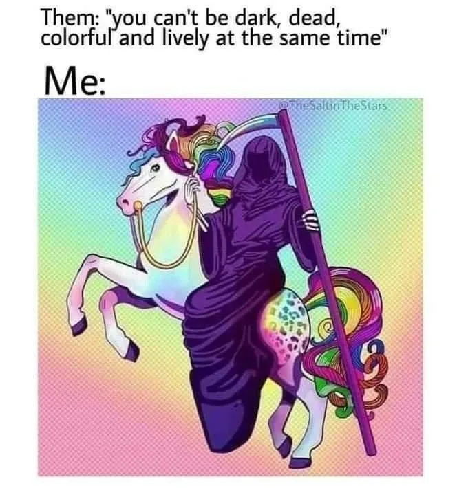 The image shows a stylized illustration of the Grim Reaper riding a white unicorn. The Reaper is depicted in a dark purple…