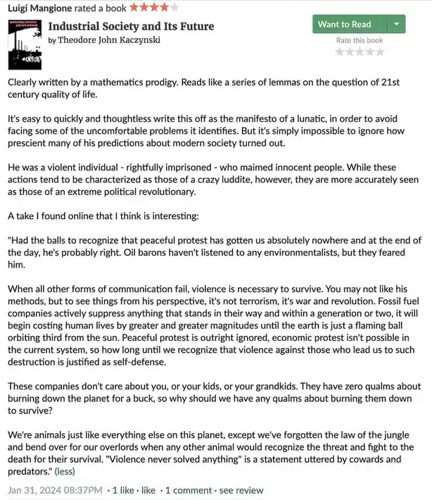 A screenshot of a Goodreads book review for 'Industrial Society and Its Future' by Theodore John Kaczynski, written by user…