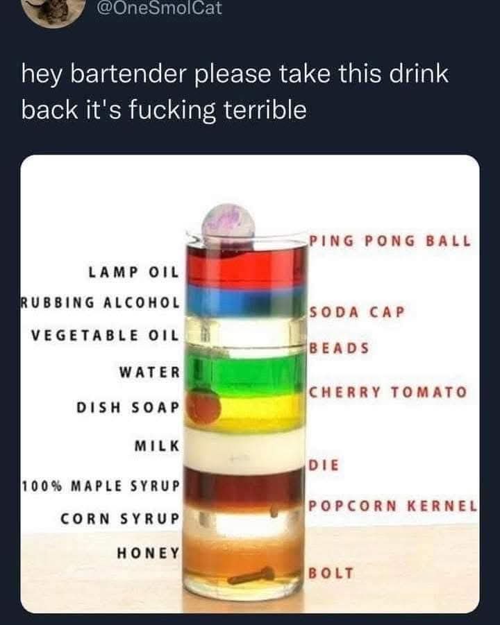 A tall glass contains multiple distinct liquid layers, each labeled with ingredients like lamp oil, rubbing alcohol…