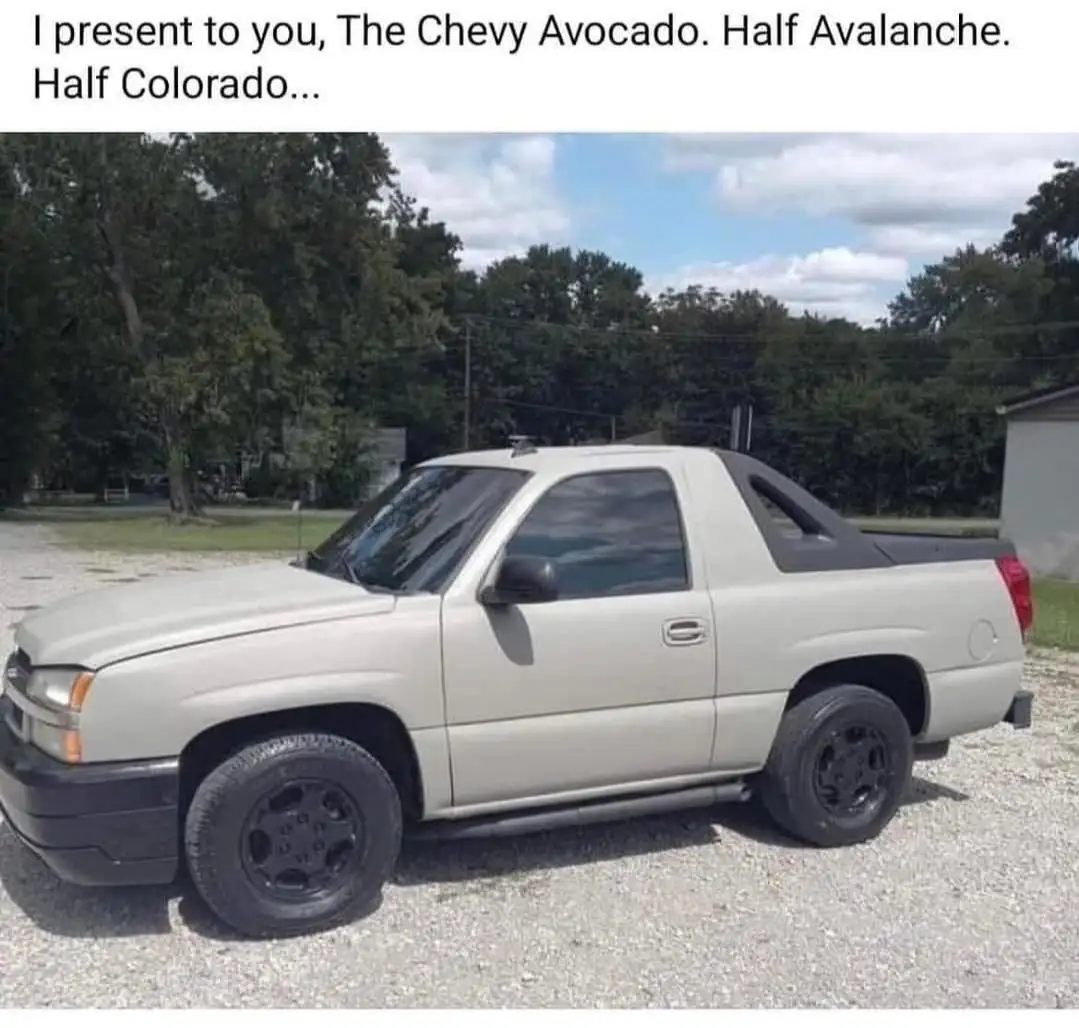 A light-colored Chevrolet pickup truck with a blacked-out rear section and black wheels is parked on gravel. The overlaid…