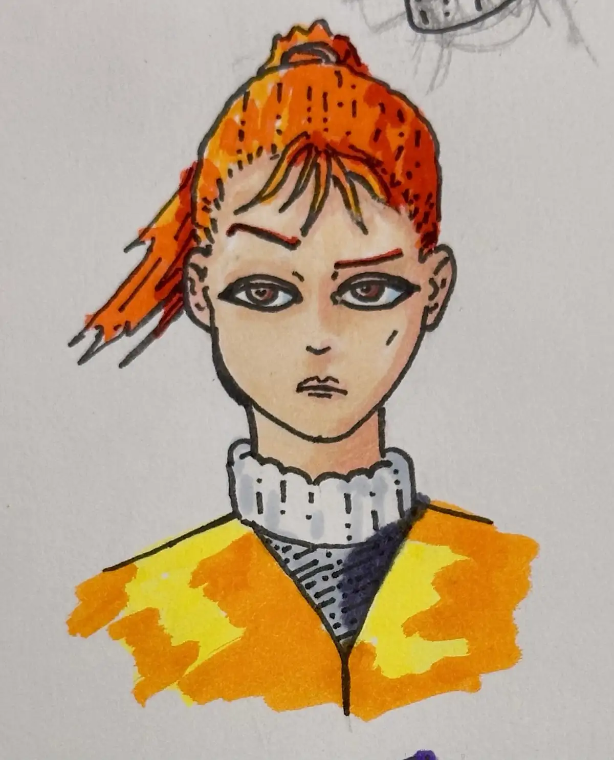 A hand-drawn illustration of a person with orange hair in a messy bun, wearing a yellow jacket over a grey patterned shirt…