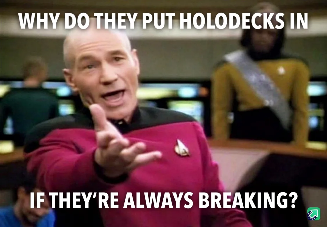 A man in a red Starfleet uniform points forward with a frustrated expression, overlaid with the text 'WHY DO THEY PUT…
