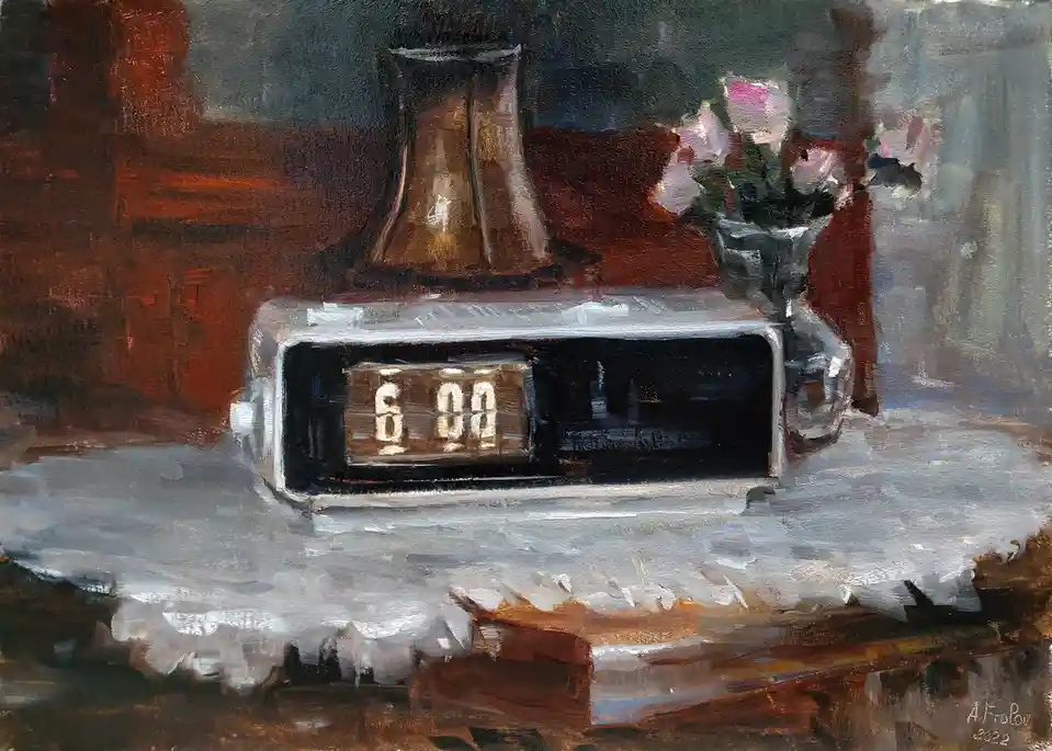 An oil painting depicts a vintage digital alarm clock displaying '6:00' on a snowy windowsill, with a glass vase of pink…