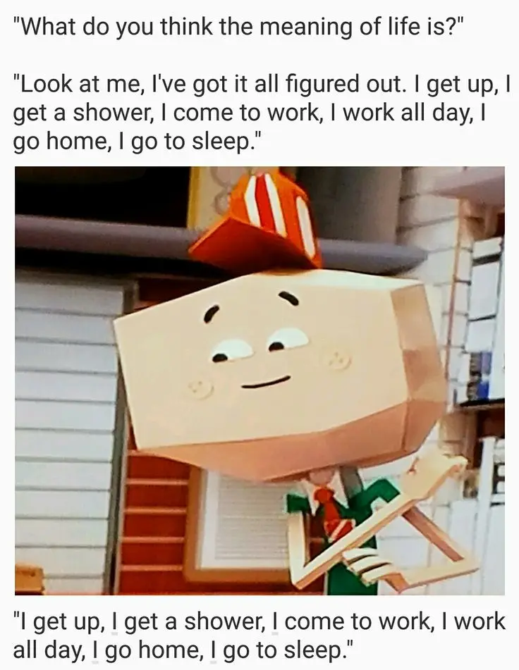 The image shows a cartoon character with a blocky, beige head and a red-and-white striped hat, holding a wooden frame. The…
