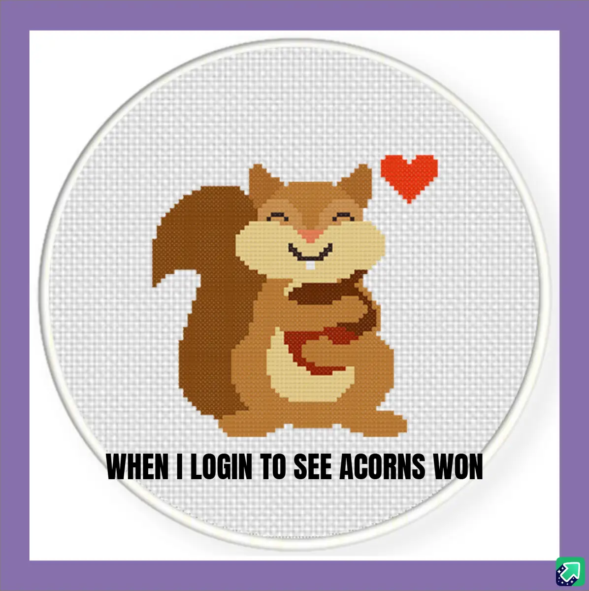A pixelated cross-stitch pattern of a smiling brown squirrel holding an acorn, with a red heart floating above its head, set…