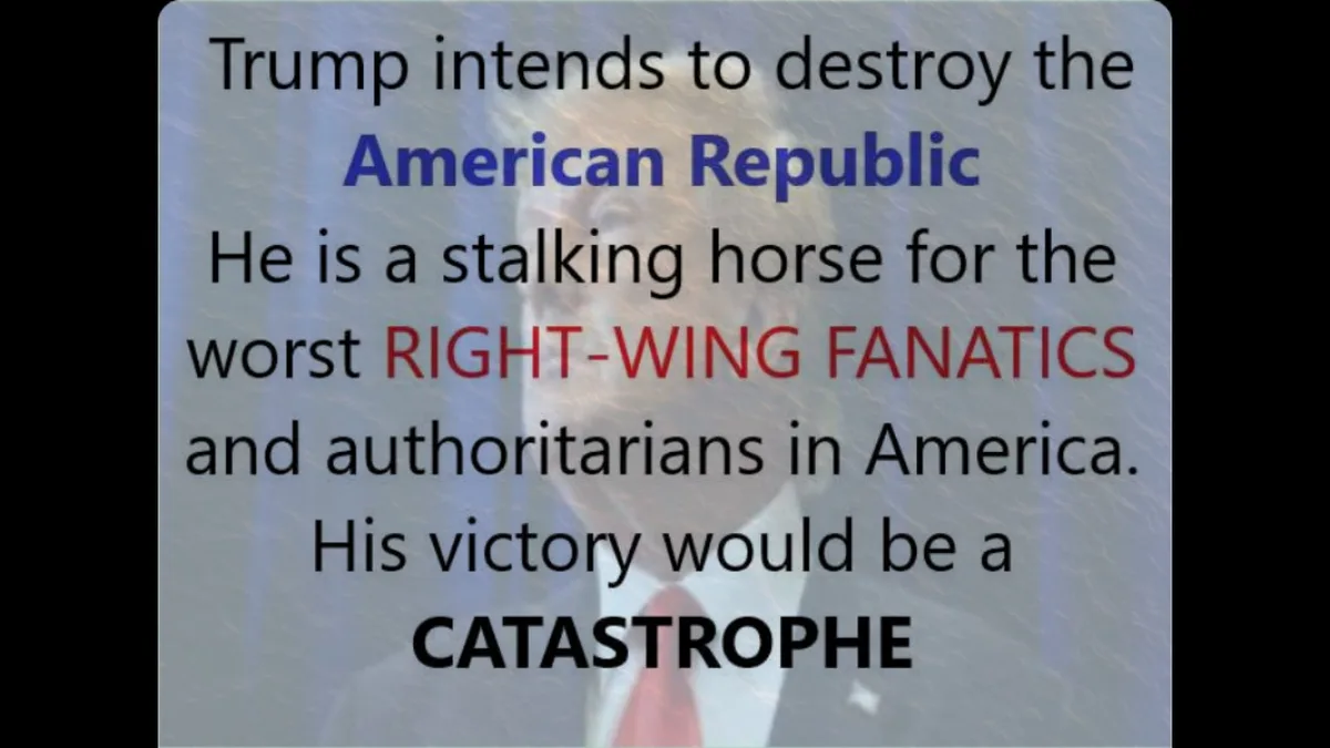 A faded image of Donald Trump with overlaid text in black, blue, and red declaring he intends to destroy the American…