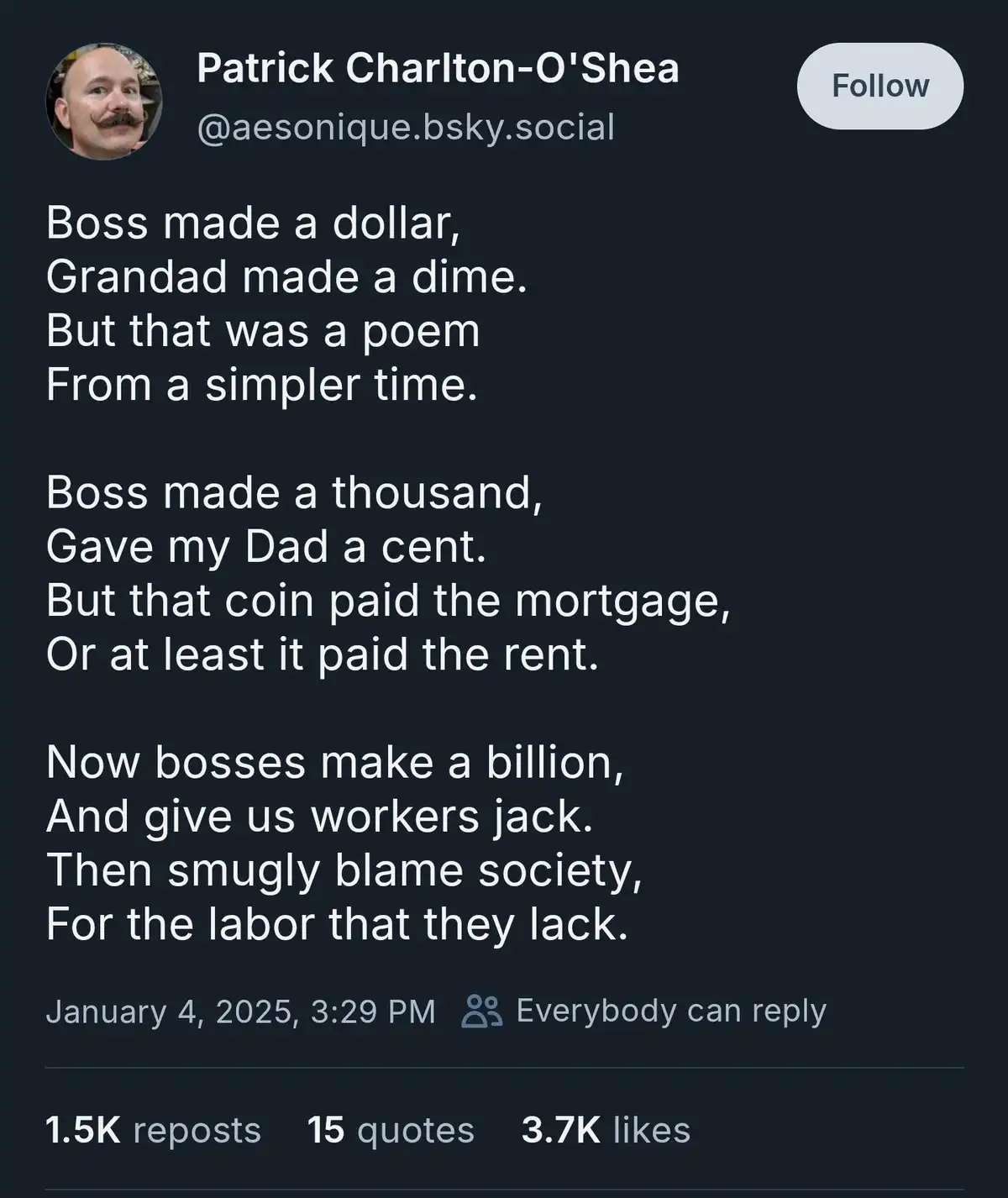 A screenshot of a social media post by Patrick Charlton-O'Shea showing a poem with three stanzas. The poem contrasts…