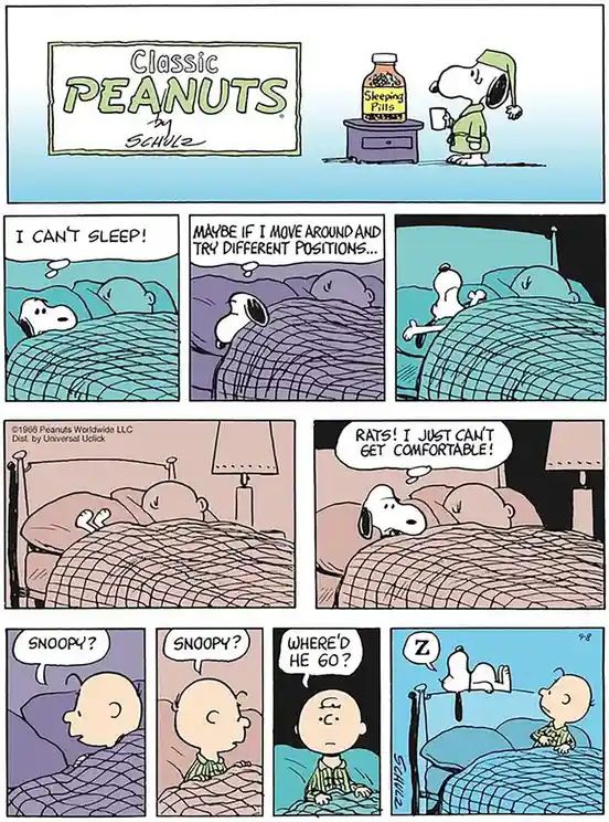 A classic Peanuts comic strip shows Snoopy struggling to sleep, trying various positions before giving up and flying away…