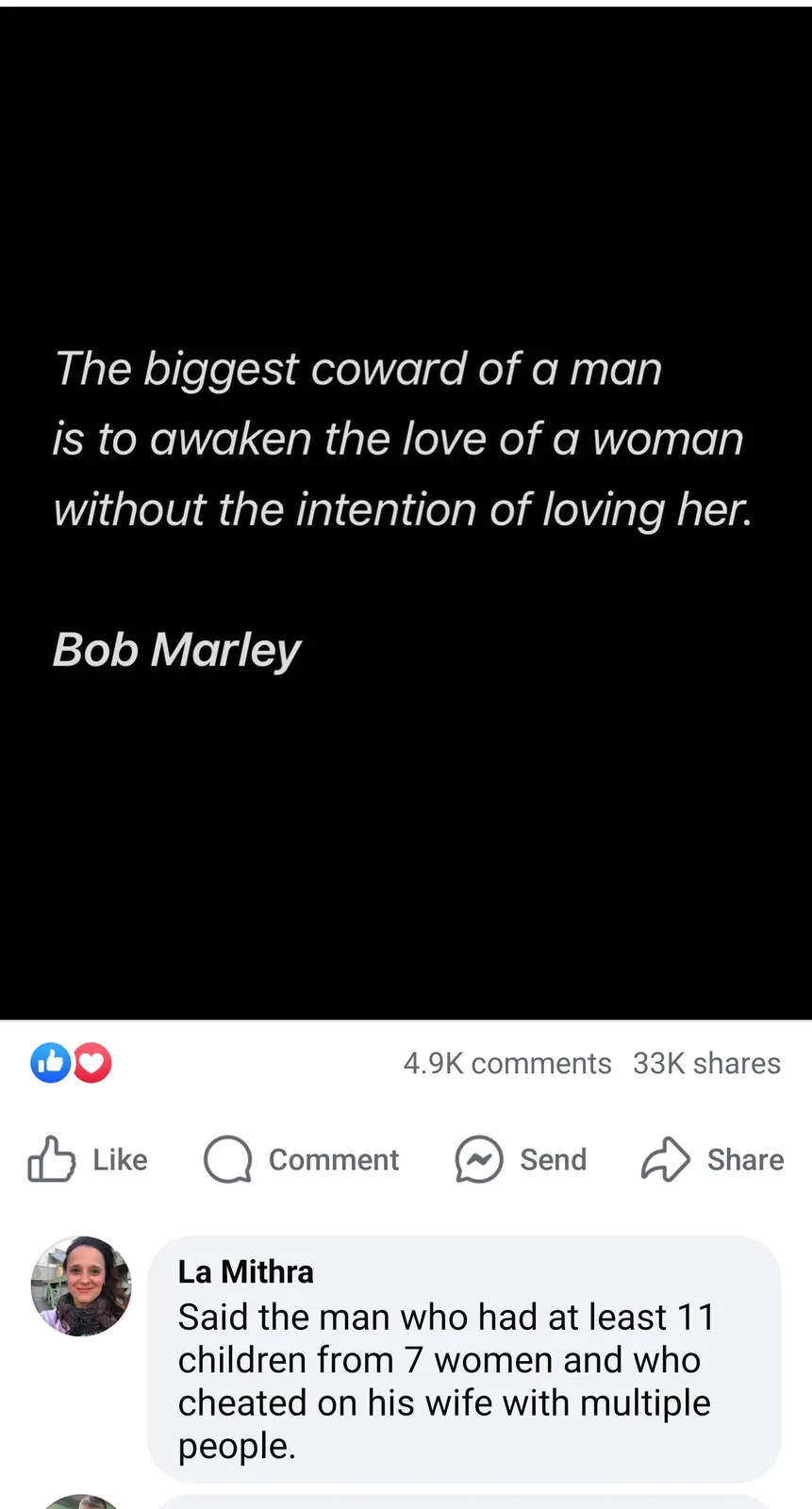 A screenshot of a Facebook post displaying a quote attributed to Bob Marley: 'The biggest coward of a man is to awaken the…