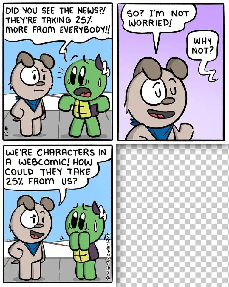 A three-panel comic strip featuring two cartoon characters: a beige one with a blue bandana and a green one with a white bow…