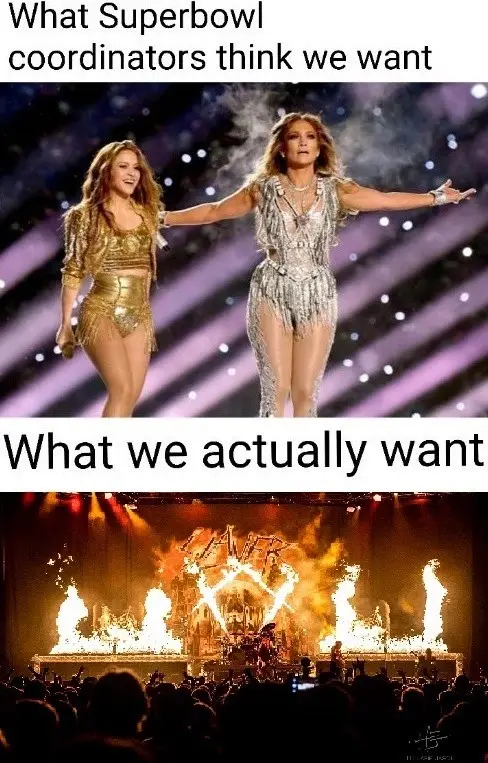 The meme features two images: the top shows two female performers in elaborate, sparkly stage outfits with arms outstretched…